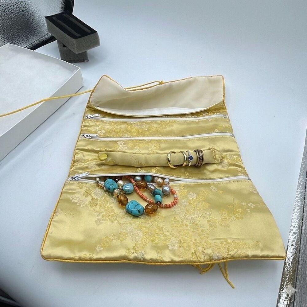 Vintage silk Satin floral embroidered jewelry roll.